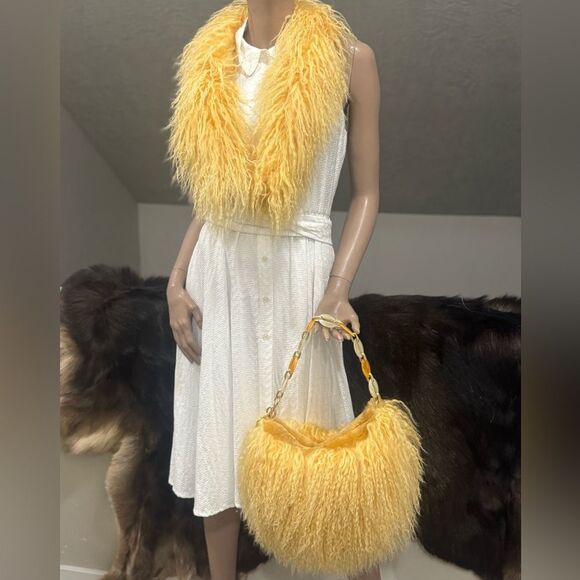 Yellow Real Mongolian Lamb Fur Handmade Stylish Hobo Bag/Multi Use Style - Picture 4 of 17